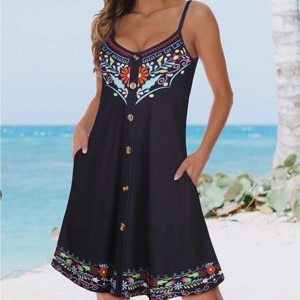 (Brand New)Floral Embroidered Black Sundress